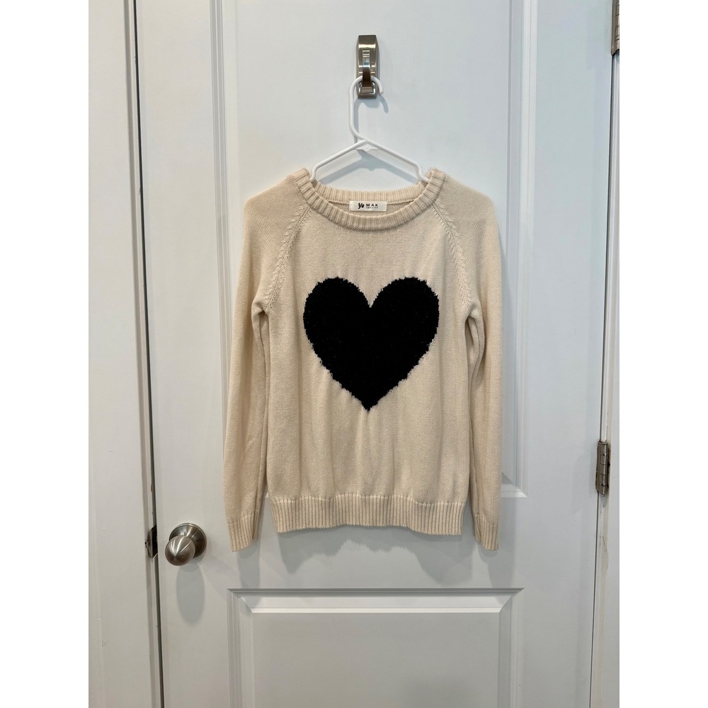 Ye Mak Sweater Cream Black Heart Intarsia Knit Crewneck Pullover Medium - Picture 2 of 3